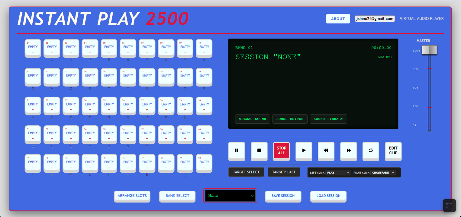 Instant Play 2500 main screen with 50 keyboard-mapped pads, session display, transport controls, and master fader