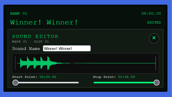 Sound editor showing a waveform with start and stop point sliders