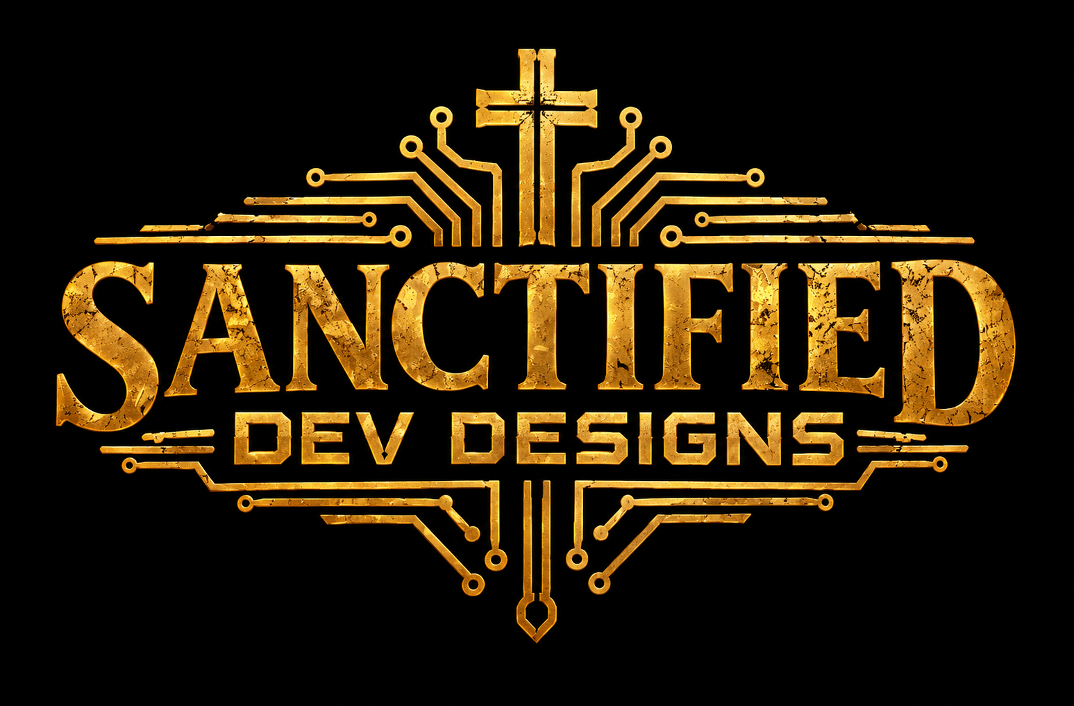 Sanctified Dev Designs logo: a cross-and-circuit emblem above the company name